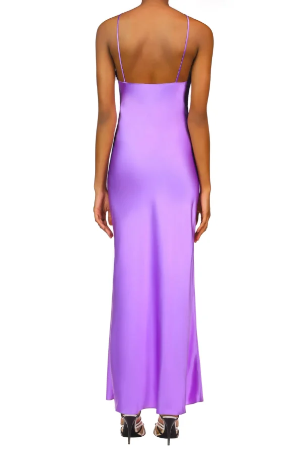 Dresses*Rodarte Purple Silk Satin Bias Dress With Ruched Bust And Silk Flower Detail