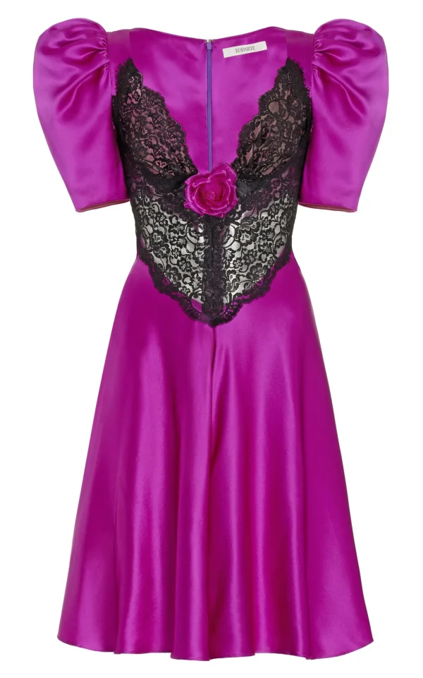 Dresses*Rodarte Purple Silk Short Sleeve Mini Dress With Lace Detail