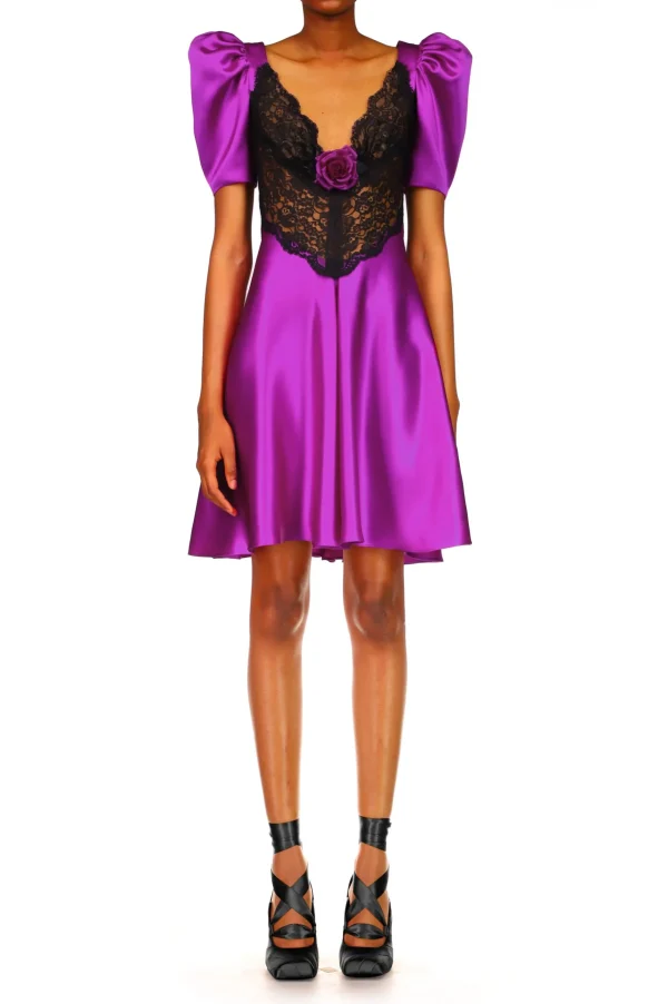 Dresses*Rodarte Purple Silk Short Sleeve Mini Dress With Lace Detail