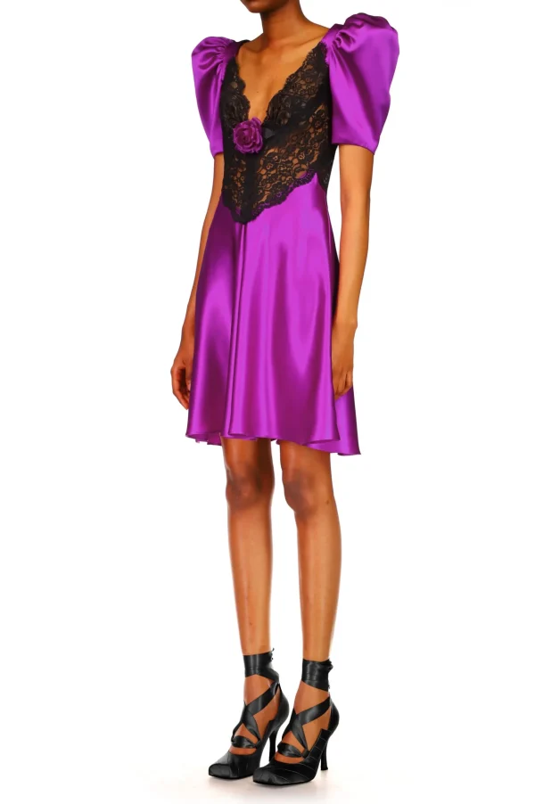 Dresses*Rodarte Purple Silk Short Sleeve Mini Dress With Lace Detail