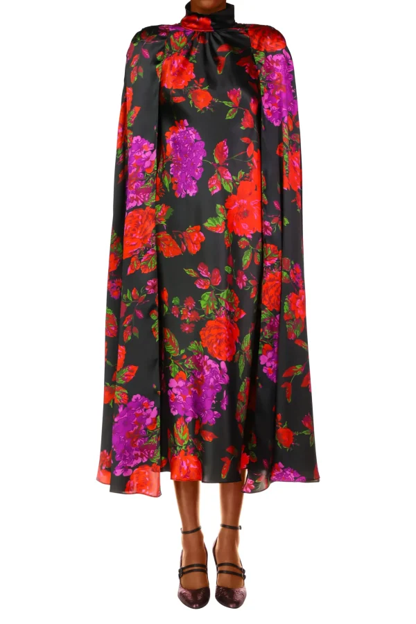 Dresses*Rodarte Red And Purple Floral Silk Satin Cape Dress