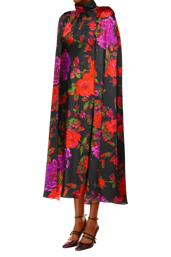 Dresses*Rodarte Red And Purple Floral Silk Satin Cape Dress