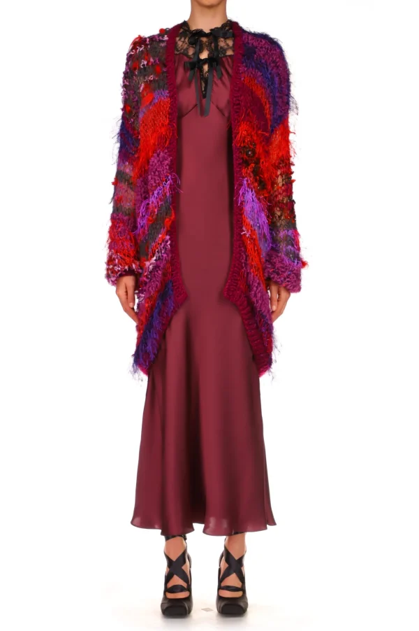 Tops*Rodarte Red And Purple Oversized Loose Hand Knit Cardigan