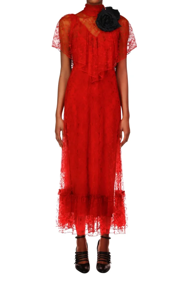 Dresses*Rodarte Red Floral Lace Dress With Flower Corsage