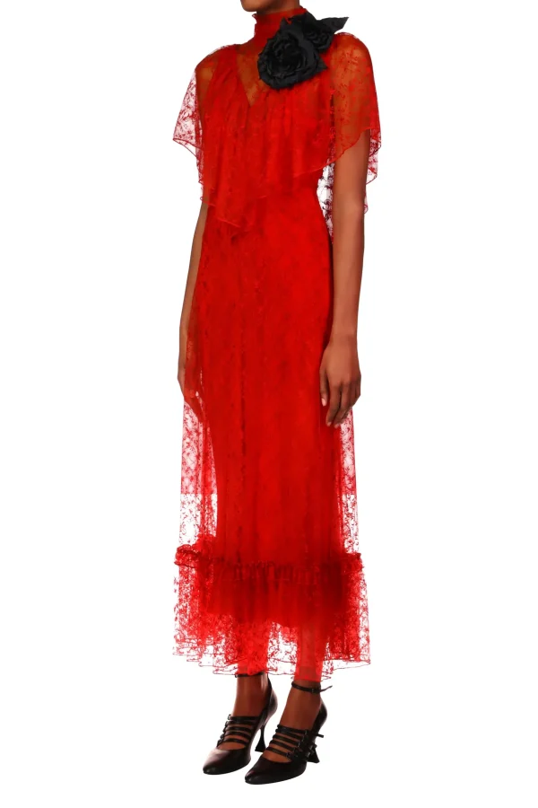 Dresses*Rodarte Red Floral Lace Dress With Flower Corsage