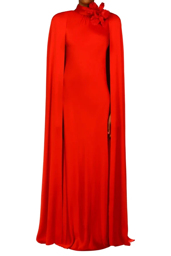 Dresses*Rodarte Red Silk Satin Cape Gown With Flower Pin