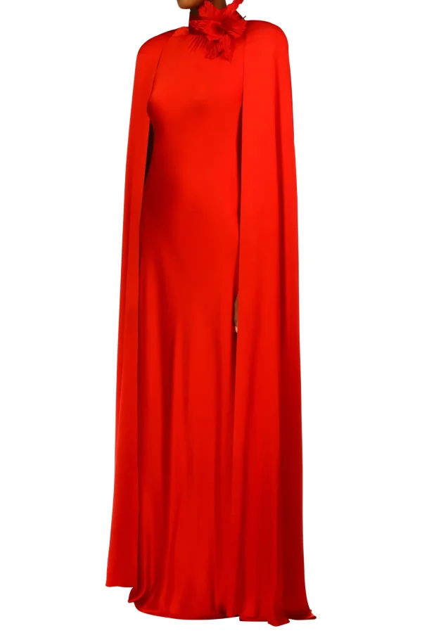 Dresses*Rodarte Red Silk Satin Cape Gown With Flower Pin