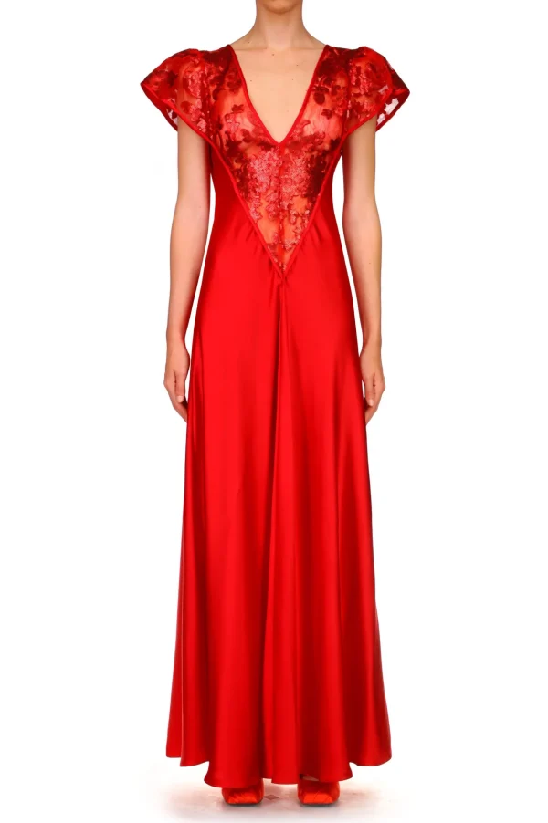 Dresses*Rodarte Red Silk Satin Gown With Sequin Detail