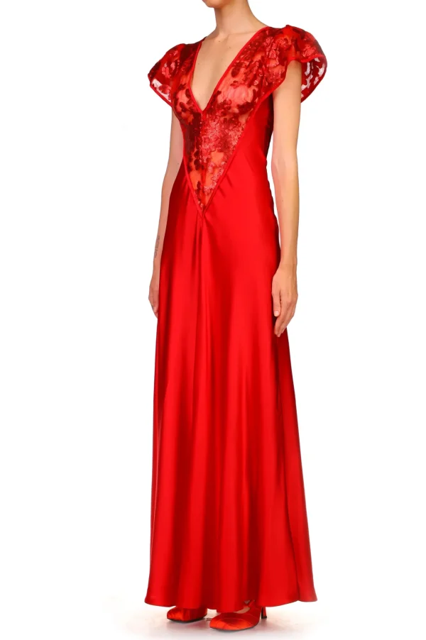 Dresses*Rodarte Red Silk Satin Gown With Sequin Detail