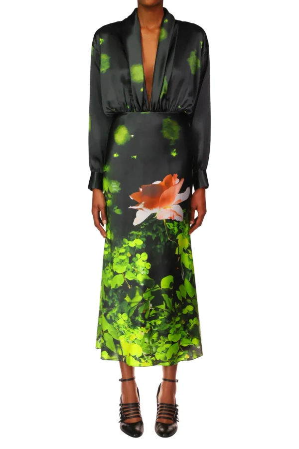 Dresses*Rodarte Rose Printed Satin Bias Dress With Shawl Collar