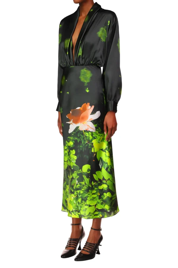 Dresses*Rodarte Rose Printed Satin Bias Dress With Shawl Collar