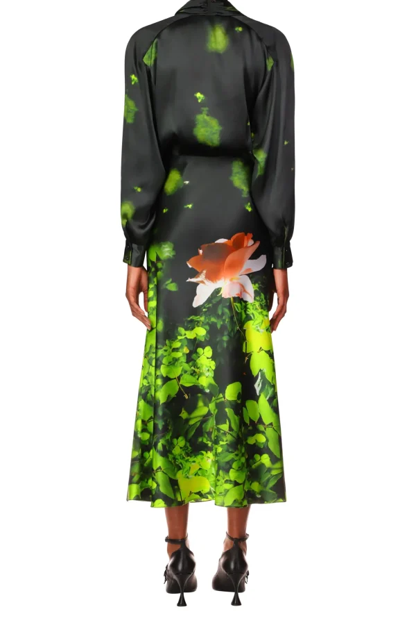 Dresses*Rodarte Rose Printed Satin Bias Dress With Shawl Collar