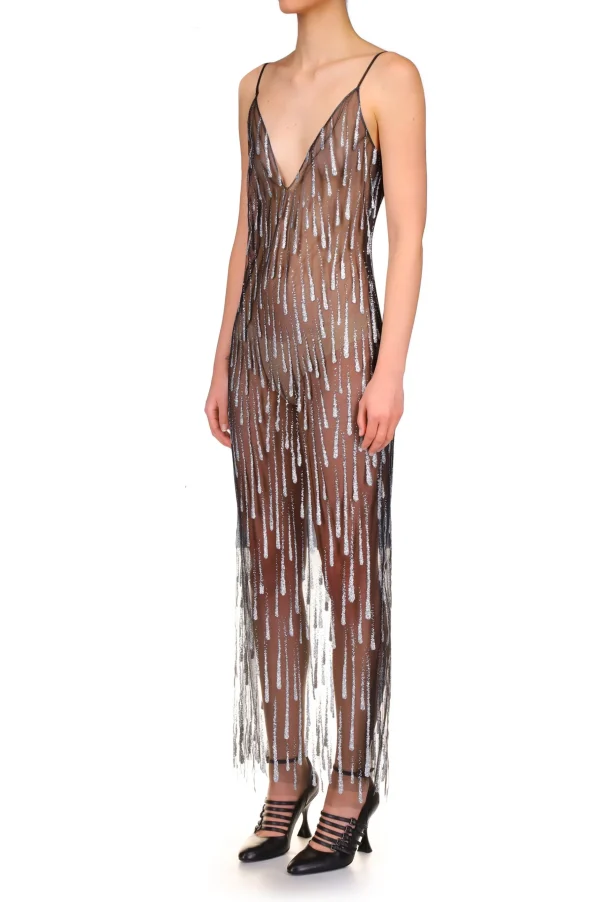 Dresses*Rodarte Silver And Black Glitter Tulle Slip Dress