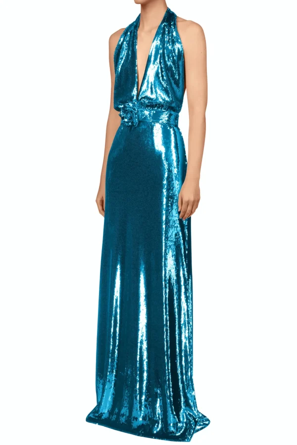 Dresses*Rodarte Teal Sequin Halter Gown With Sequin Flower Detail