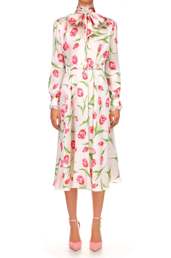 Dresses*Rodarte Tulip Printed Silk Dress With Sash Tie Neck