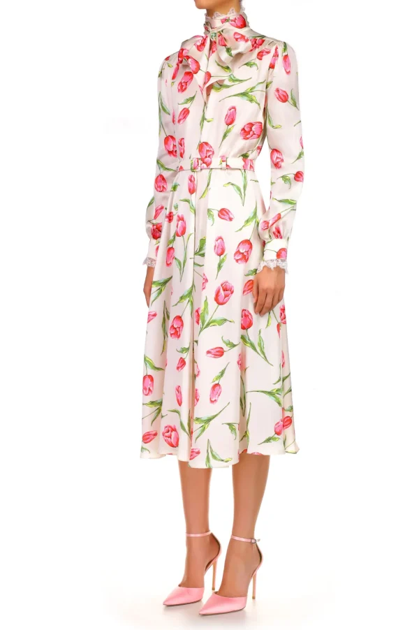 Dresses*Rodarte Tulip Printed Silk Dress With Sash Tie Neck