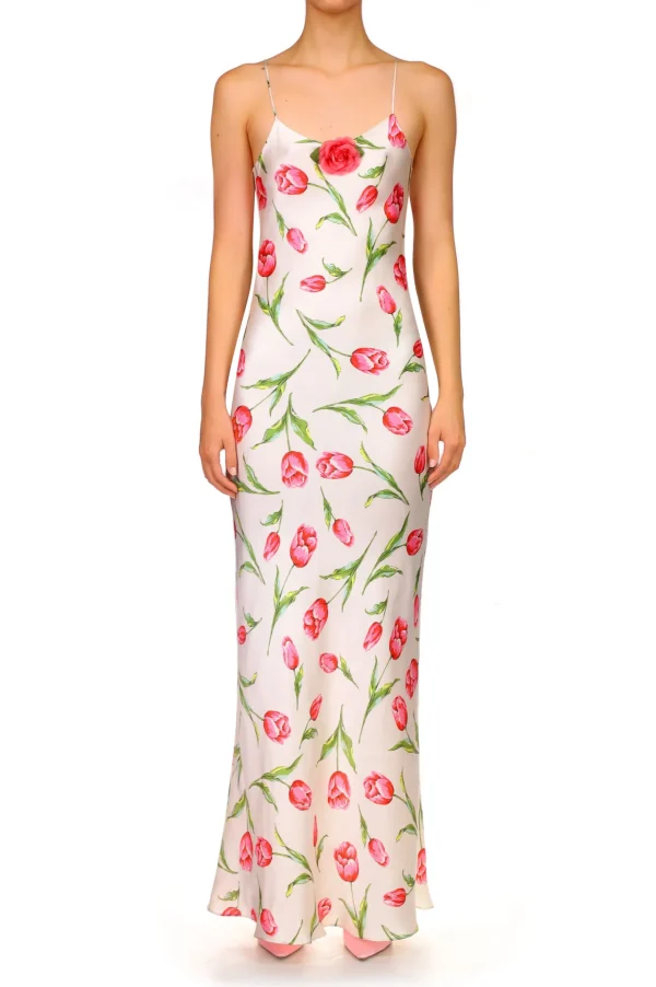 Dresses*Rodarte Tulip Printed Silk Satin Bias Slip Dress With Silk Flower