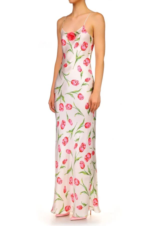 Dresses*Rodarte Tulip Printed Silk Satin Bias Slip Dress With Silk Flower