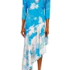 Dresses*Rodarte Turquoise Floral Printed Silk Jacquard Long Sleeve Dress With Scarf Detail