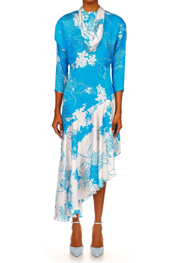 Dresses*Rodarte Turquoise Floral Printed Silk Jacquard Long Sleeve Dress With Scarf Detail