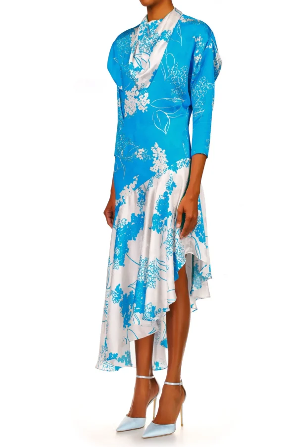 Dresses*Rodarte Turquoise Floral Printed Silk Jacquard Long Sleeve Dress With Scarf Detail