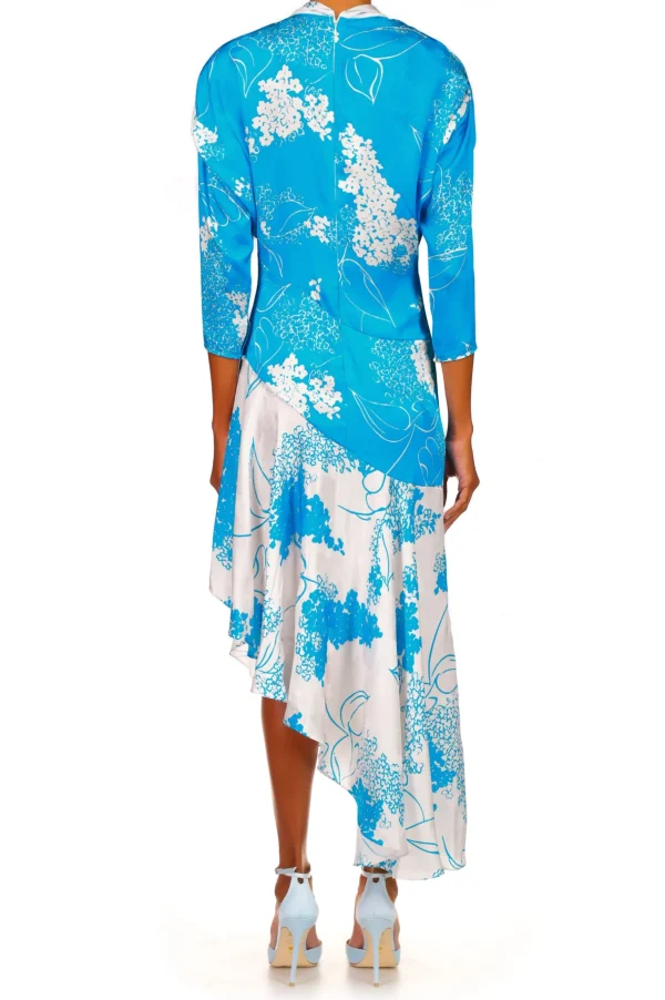 Dresses*Rodarte Turquoise Floral Printed Silk Jacquard Long Sleeve Dress With Scarf Detail