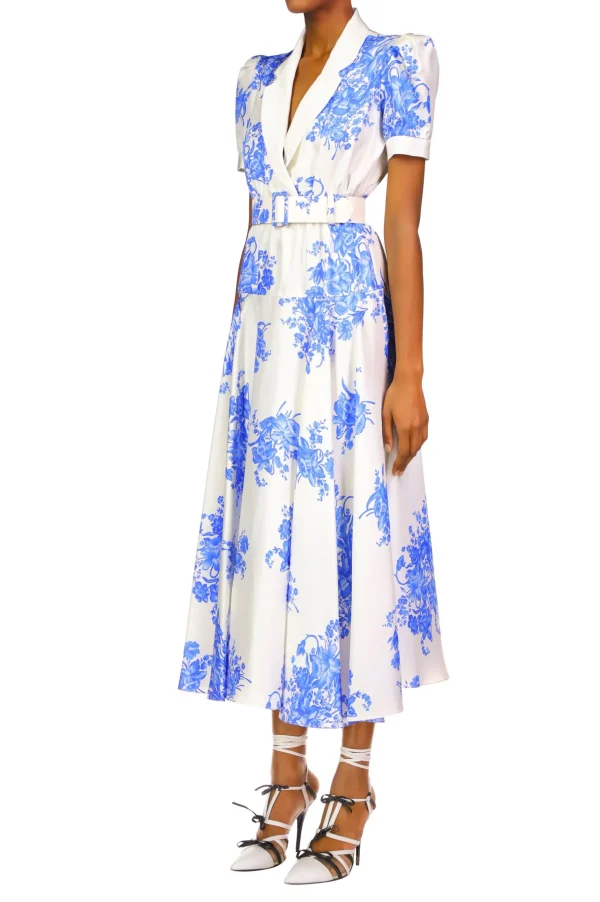 Dresses*Rodarte White And Blue Floral Printed Silk Twill Collared Dress With Belt