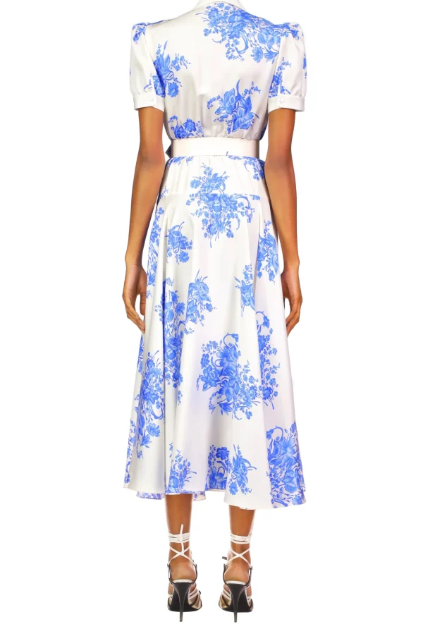 Dresses*Rodarte White And Blue Floral Printed Silk Twill Collared Dress With Belt