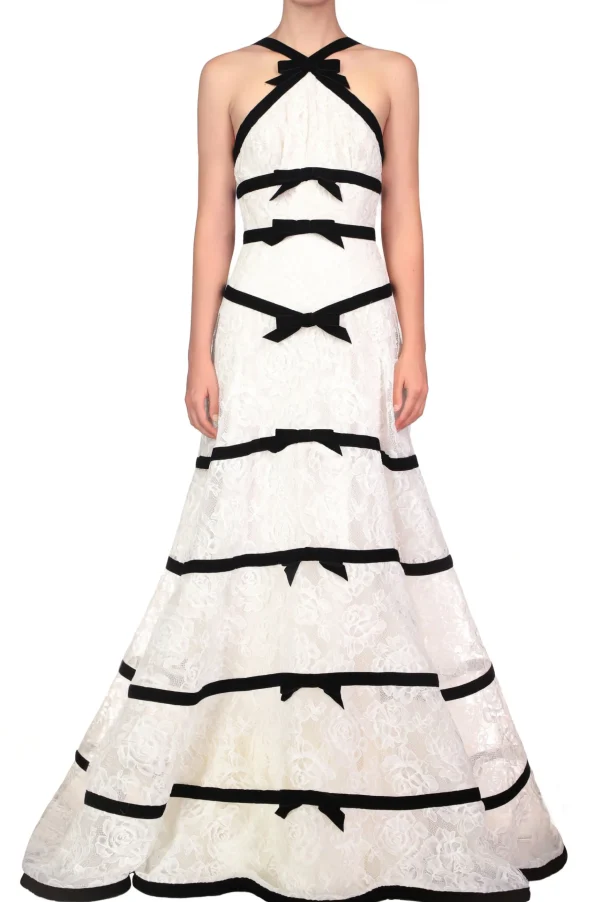 Dresses*Rodarte White Chorded Lace Halter Gown With Velvet Ribbon Detail