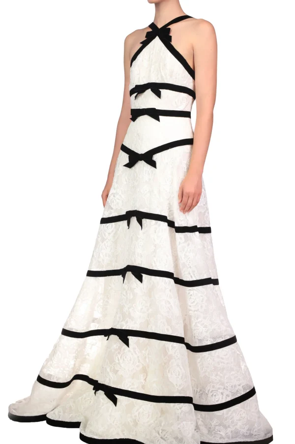 Dresses*Rodarte White Chorded Lace Halter Gown With Velvet Ribbon Detail