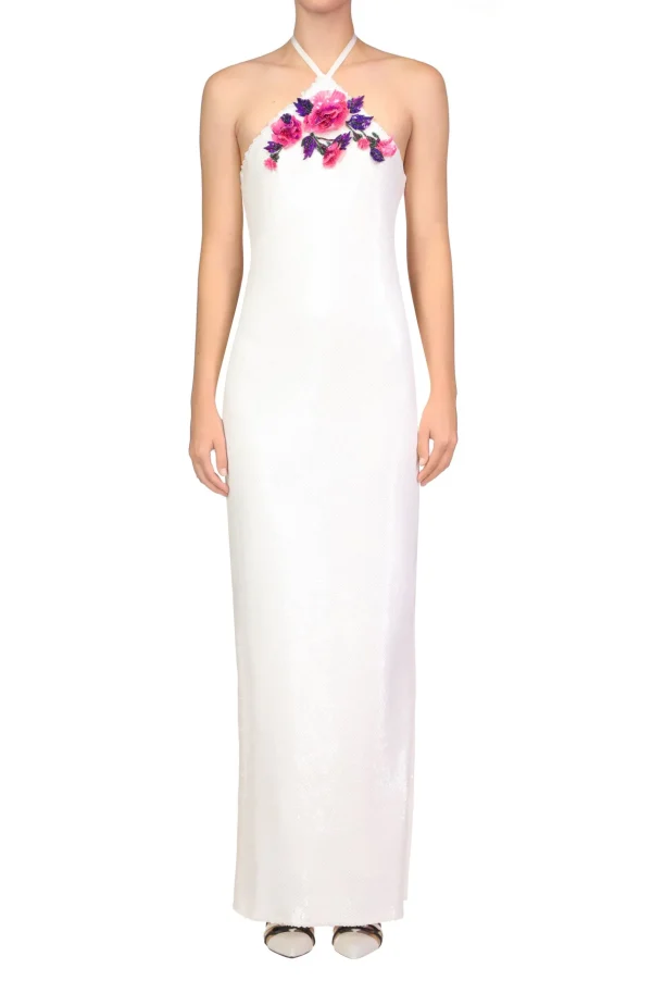 Dresses*Rodarte White Sequin Halter Gown With Hand Beaded Floral Detail