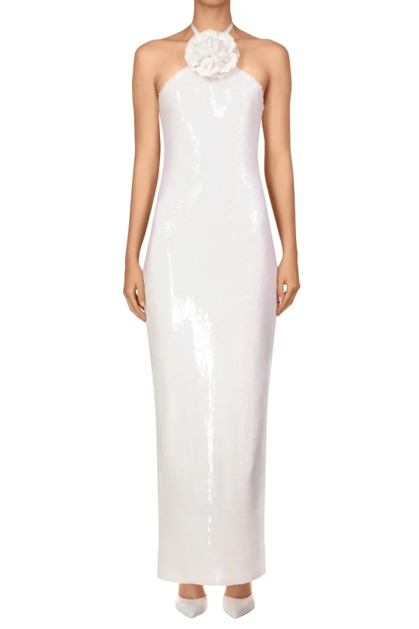 Dresses*Rodarte White Sequin Halter Gown With Flower Detail