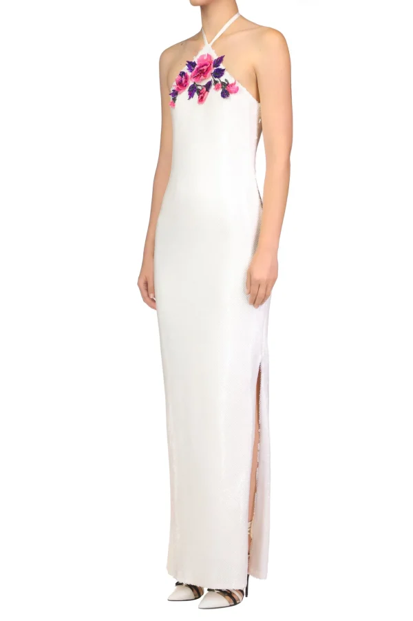 Dresses*Rodarte White Sequin Halter Gown With Hand Beaded Floral Detail