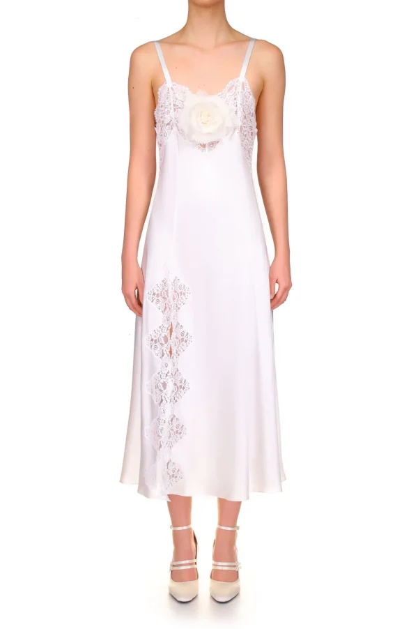 Dresses*Rodarte White Silk Satin And Lace Bias Slip Dress With Slit And Rose