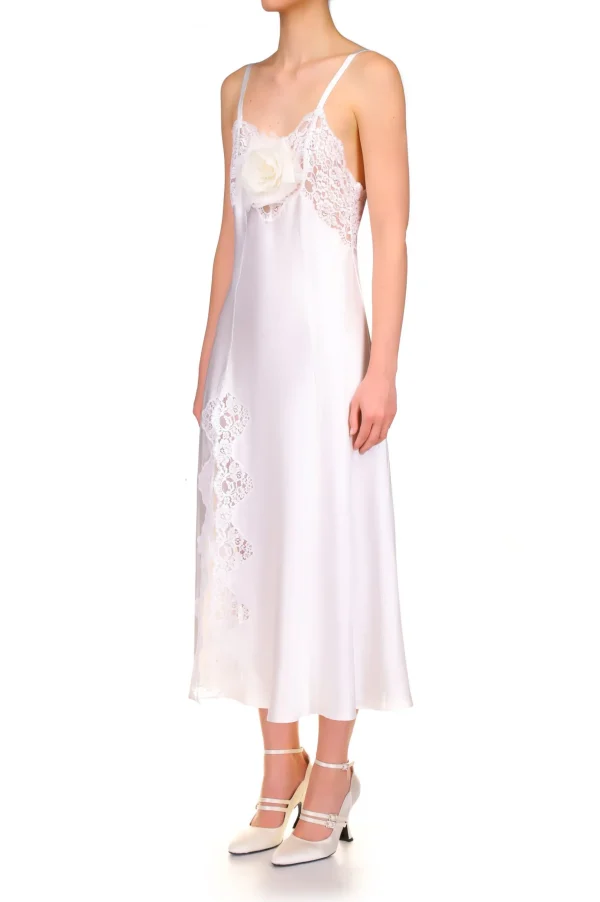 Dresses*Rodarte White Silk Satin And Lace Bias Slip Dress With Slit And Rose