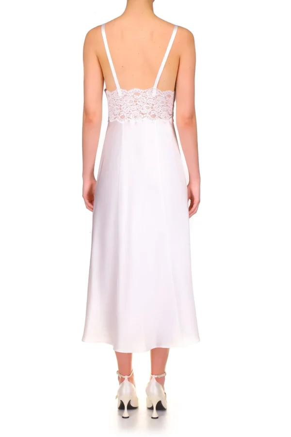 Dresses*Rodarte White Silk Satin And Lace Bias Slip Dress With Slit And Rose