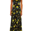 Dresses*Rodarte Yellow Rose Printed Silk Tiered Dress With Silk Flower