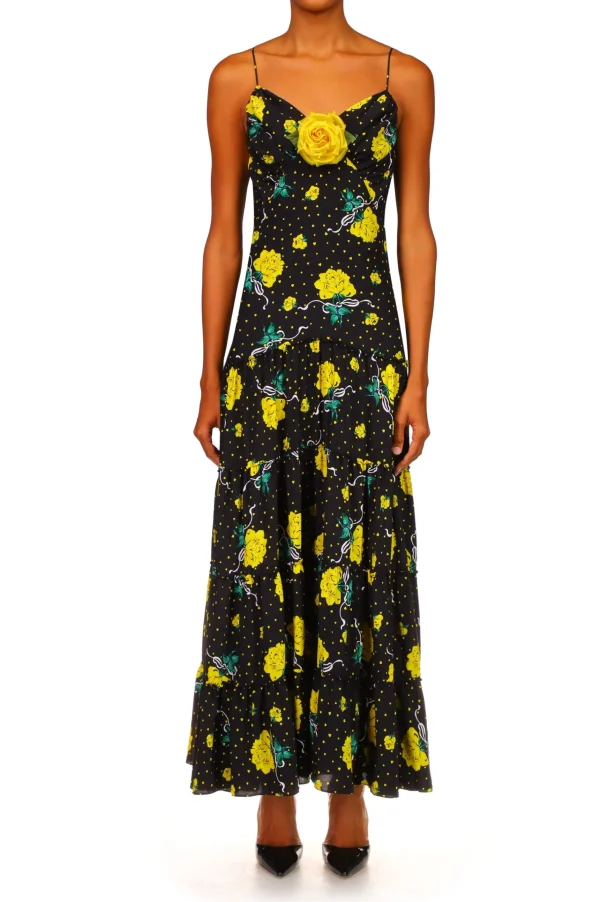 Dresses*Rodarte Yellow Rose Printed Silk Tiered Dress With Silk Flower