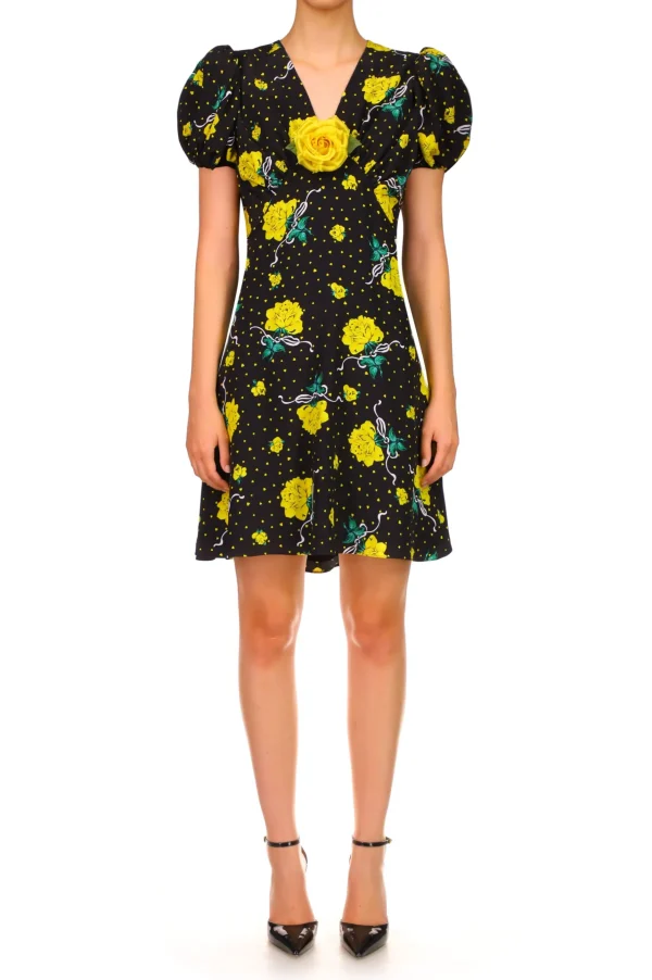 Dresses*Rodarte Yellow Rose Printed Silk Short Sleeve Mini Dress With Silk Flower