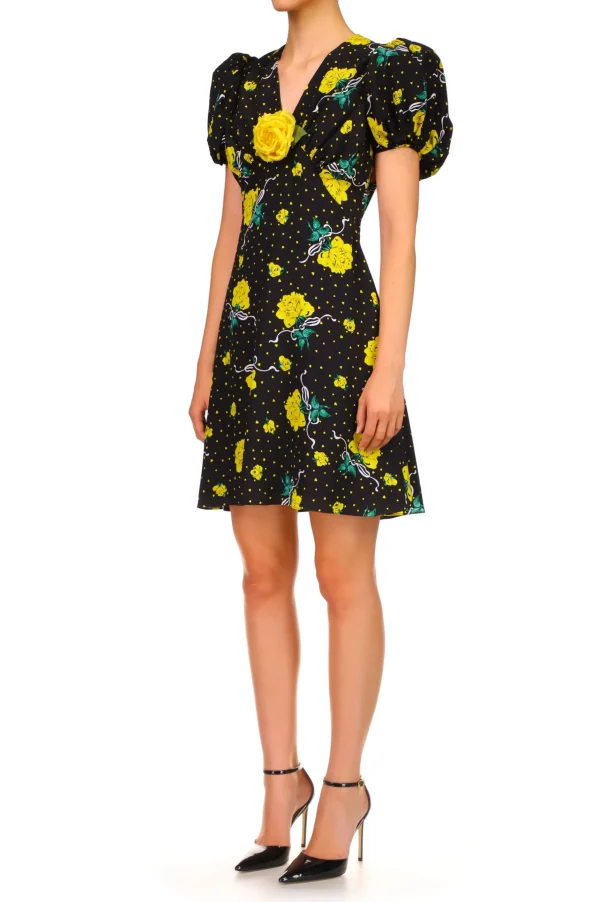 Dresses*Rodarte Yellow Rose Printed Silk Short Sleeve Mini Dress With Silk Flower