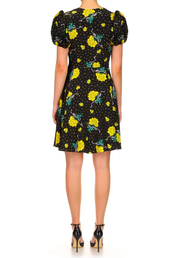 Dresses*Rodarte Yellow Rose Printed Silk Short Sleeve Mini Dress With Silk Flower