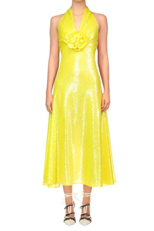 Dresses*Rodarte Yellow Sequin Halter Bias Dress With Flower Detail