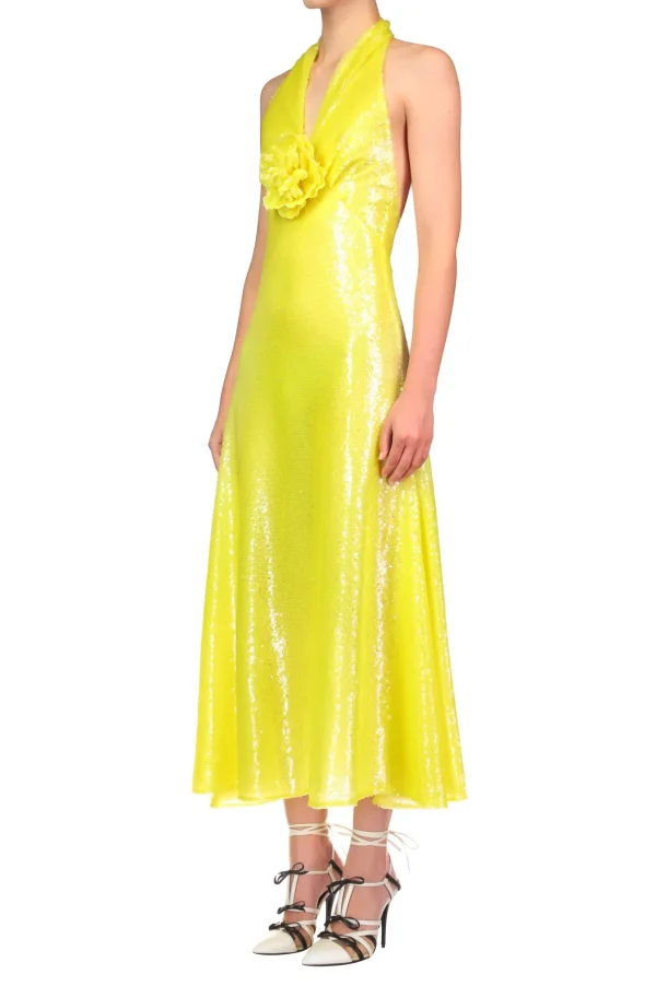 Dresses*Rodarte Yellow Sequin Halter Bias Dress With Flower Detail