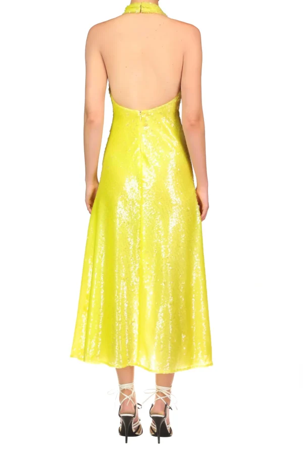 Dresses*Rodarte Yellow Sequin Halter Bias Dress With Flower Detail