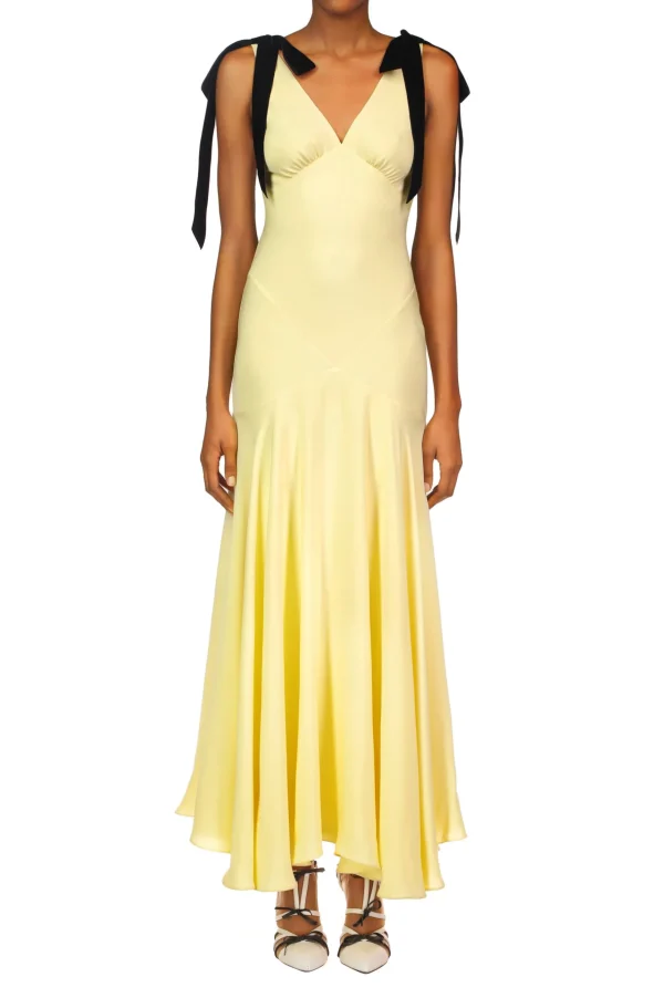 Dresses*Rodarte Yellow Silk Crepe Bias Dress With Black Velvet Ribbon Bow Detail