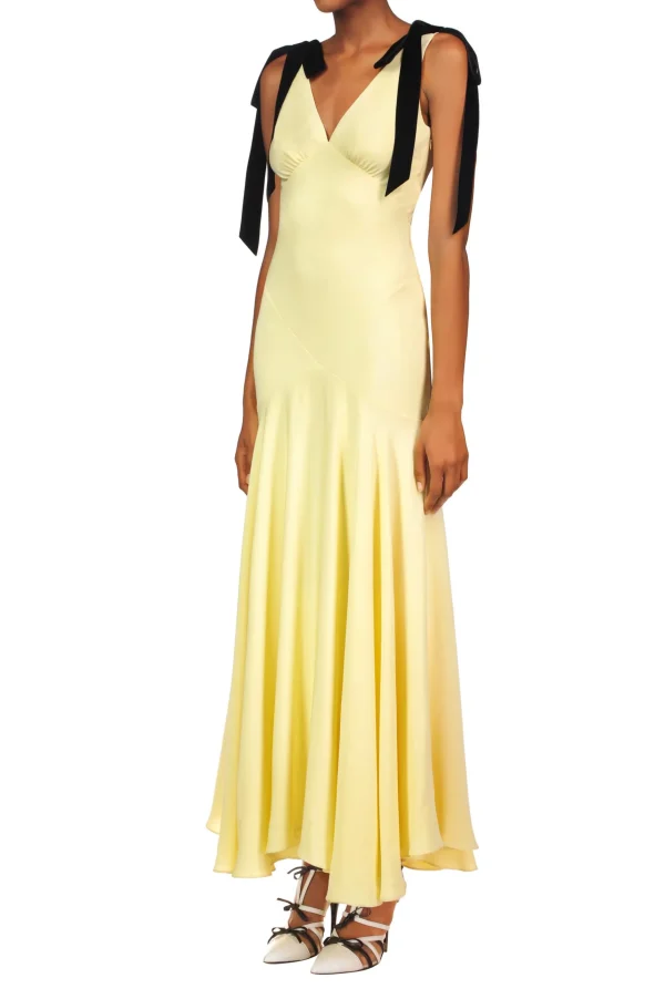 Dresses*Rodarte Yellow Silk Crepe Bias Dress With Black Velvet Ribbon Bow Detail