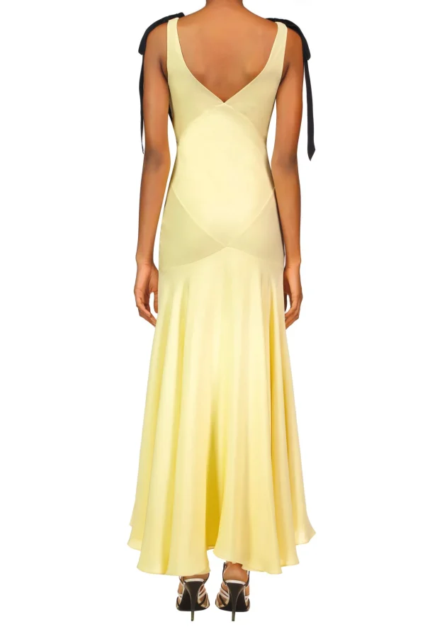 Dresses*Rodarte Yellow Silk Crepe Bias Dress With Black Velvet Ribbon Bow Detail